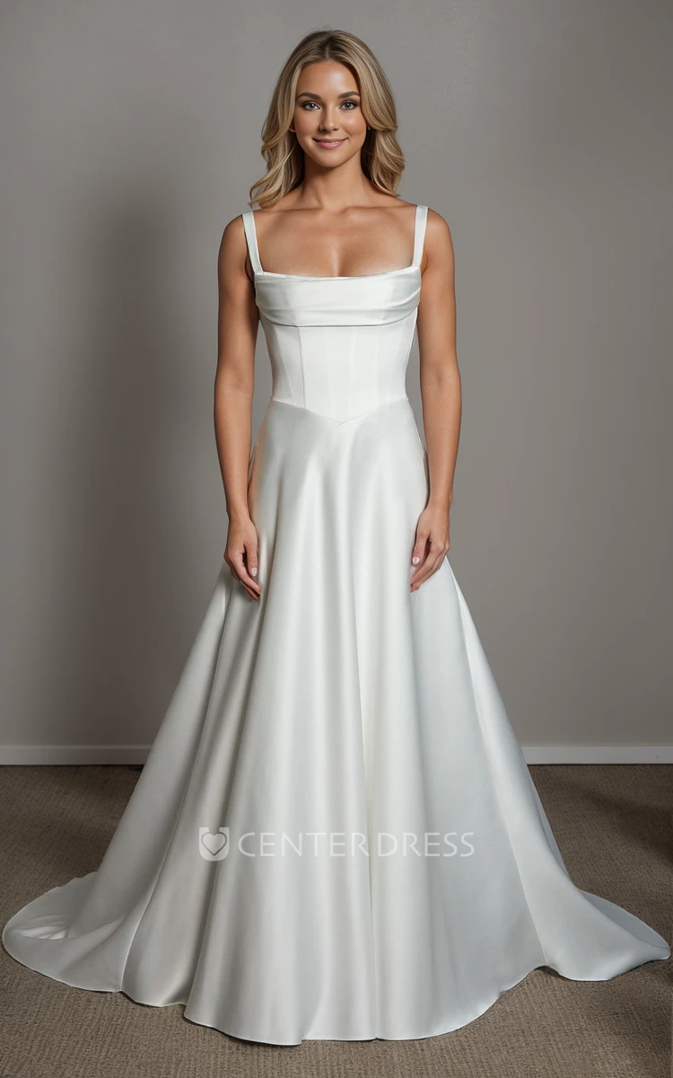 Elegant Modern A-Line Satin Square Neckline Wedding Dress Flowy Simple Boned Bodice Wide Strap Backless Bridal Gown with Train