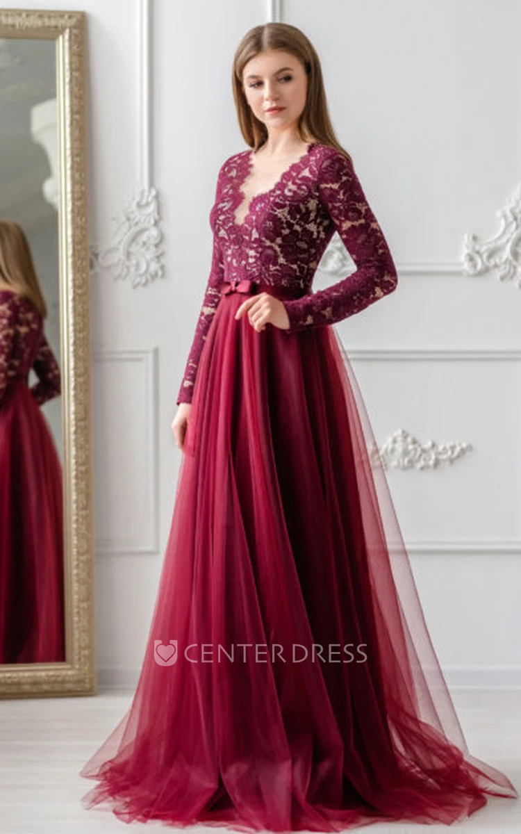 Simple A Line Scalloped Lace Floor-length Prom Dress with Bow
