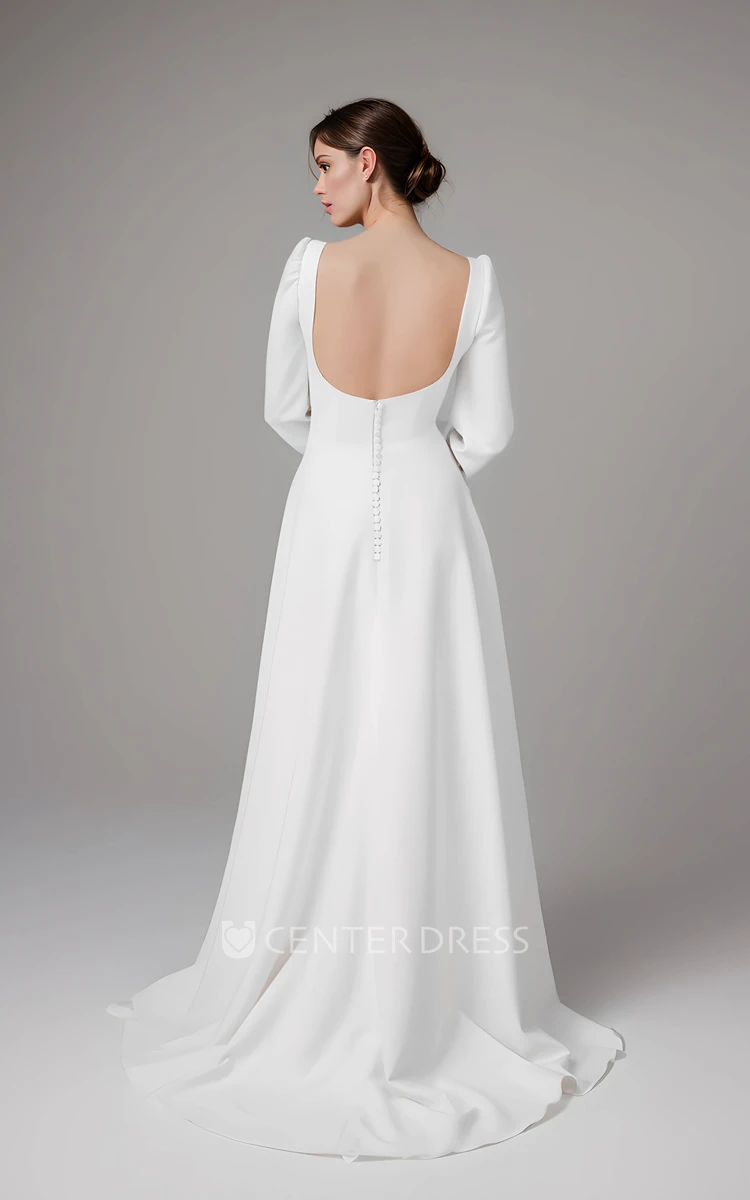 Elegant Modest A-Line Long Sleeve Fall Wedding Dress Simple Casual Square Neck Button Back Floor Length Sweep Train Maxi Bridal Gown