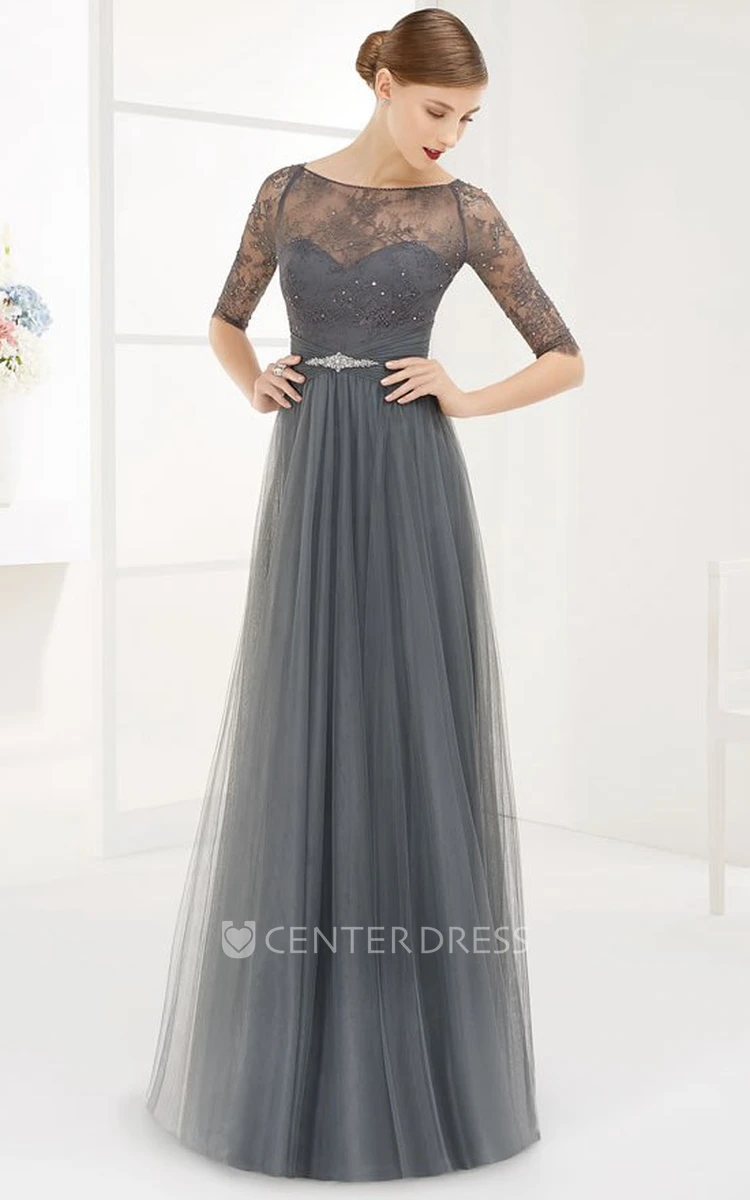 Bateau Half Sleeve Tulle Long Prom Dress With Lace Top And Crystal Waist