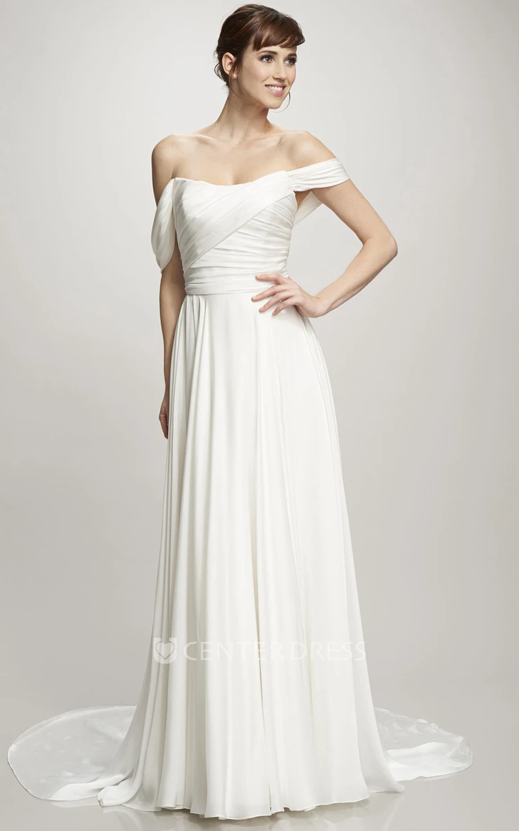 Off-The-Shoulder Floor-Length Ruched Chiffon Wedding Dress