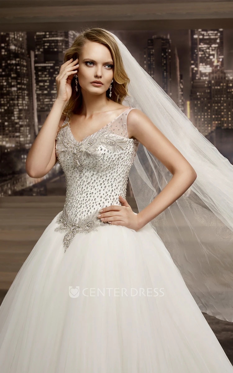 V-Neck Beaded A-Line Bridal Gown With Illusion Straps