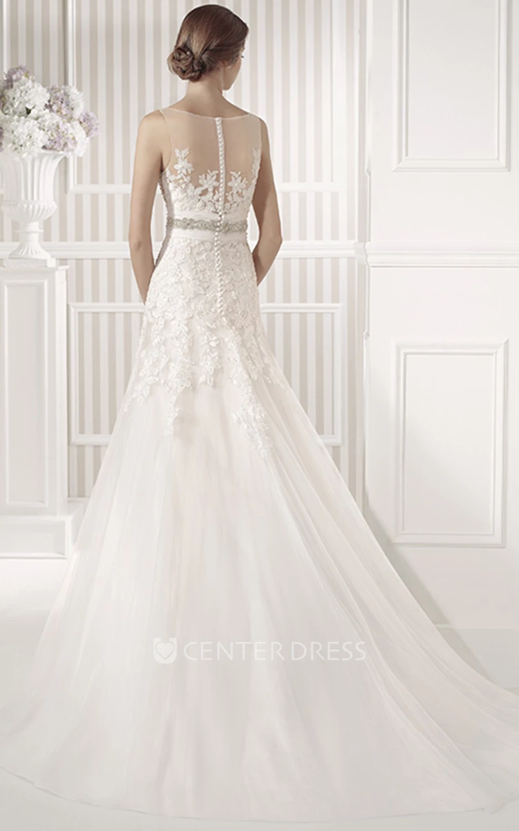 A-Line Appliqued Sleeveless Scoop Floor-Length Tulle&Satin Wedding Dress With Waist Jewellery And Illusion Back