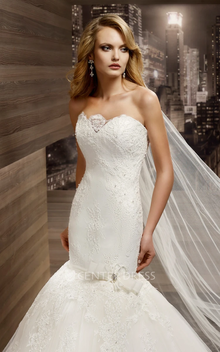 Strapless Sheath Mermaid Lace Gown with Flower Embellishment