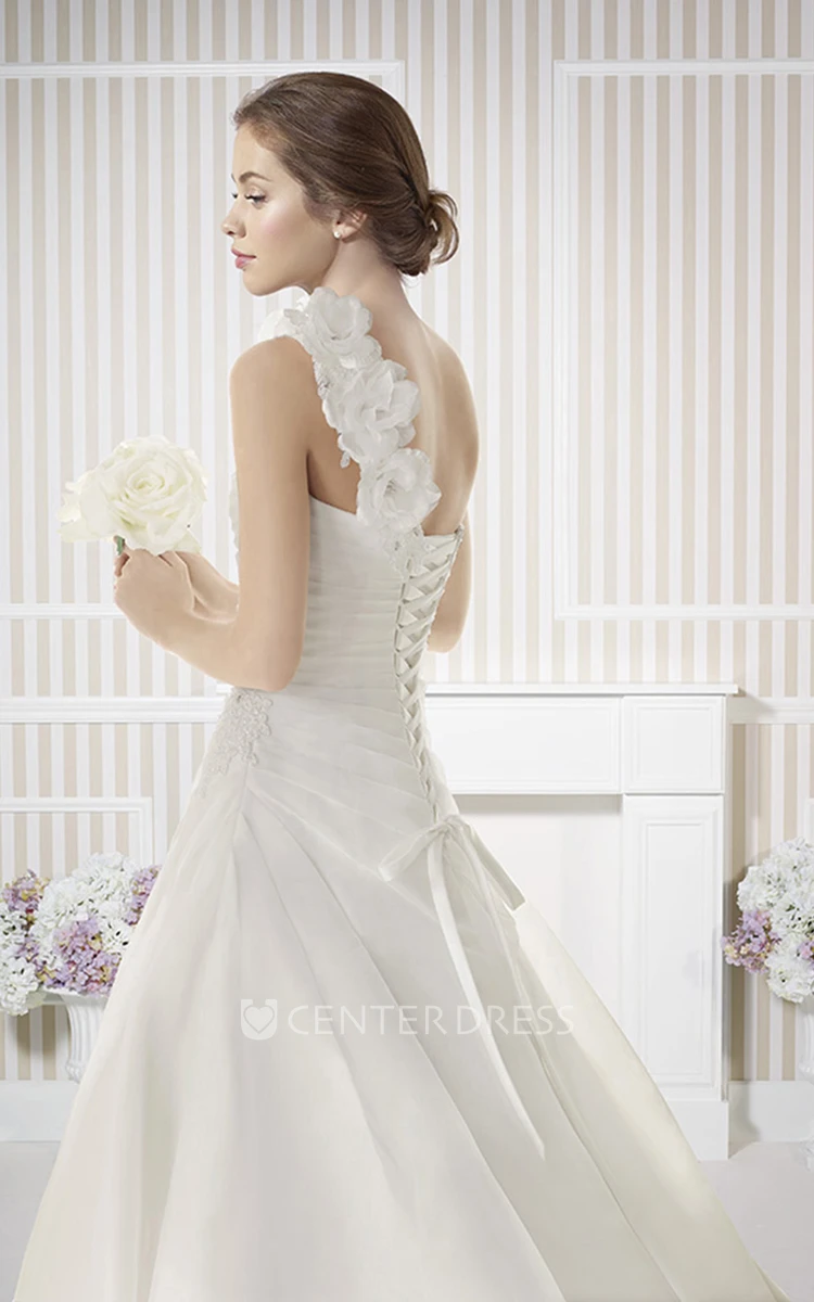 Long One-Shoulder Floral Chiffon Wedding Dress With Sweep Train And Corset Back