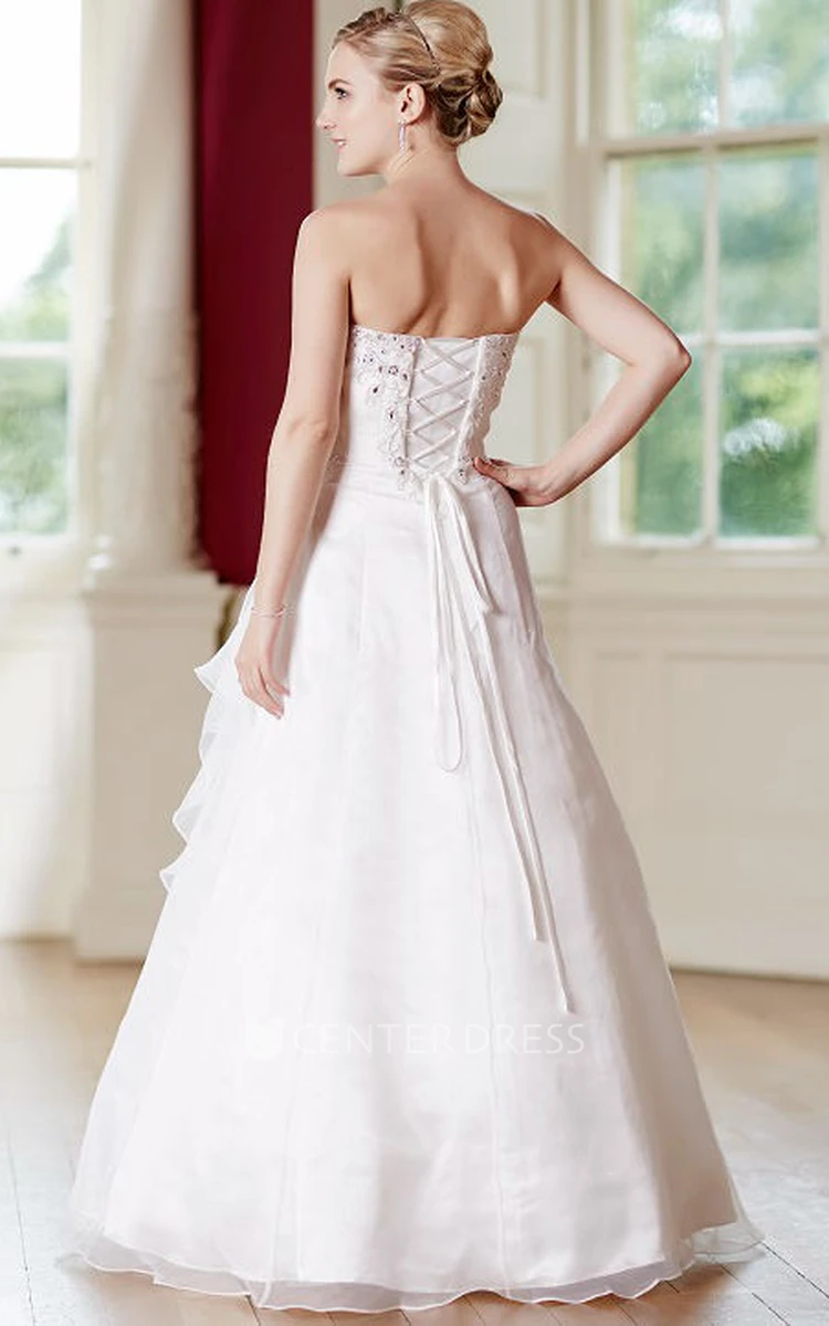 A-Line Long Sweetheart Sleeveless Beaded Organza Wedding Dress With Draping