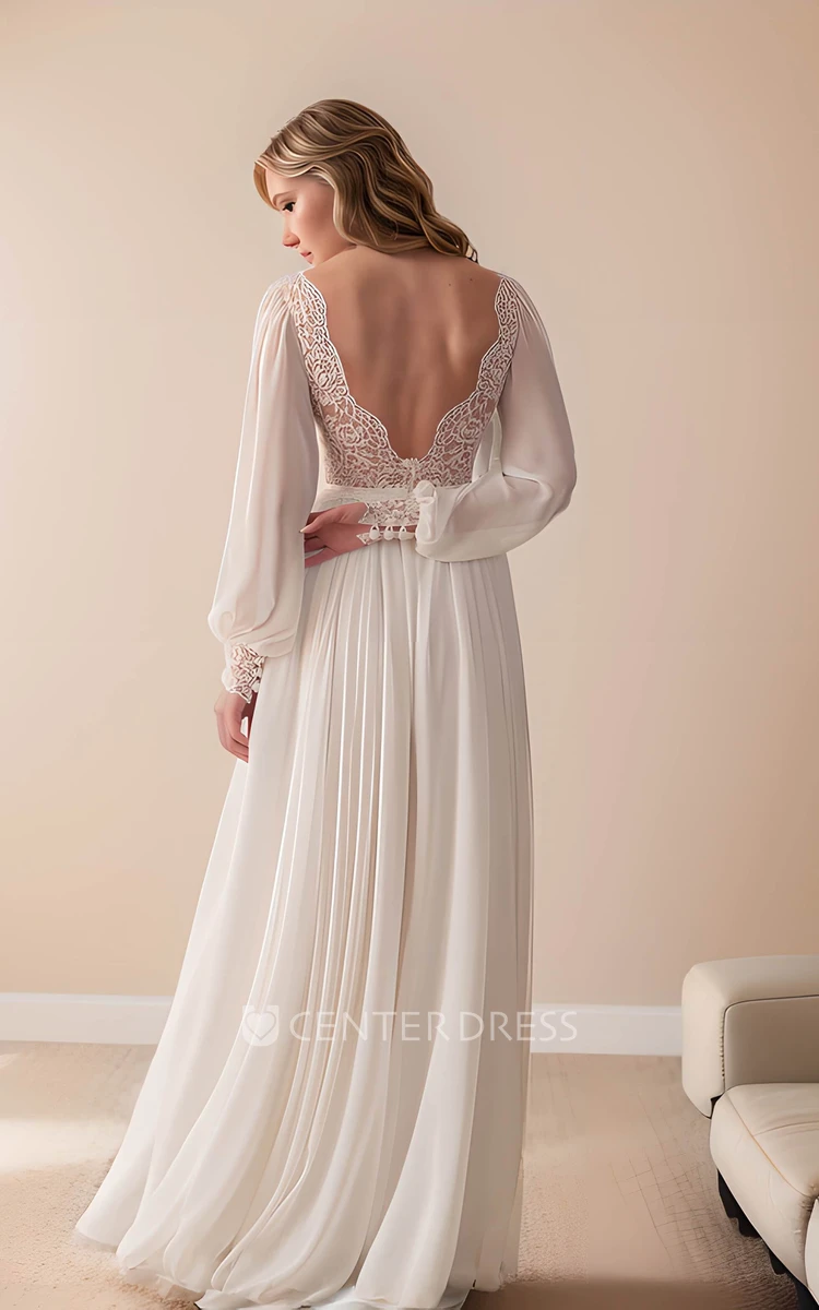 Plunging Neckline Long Sleeve Vintage Flower Lace A-Line Split Wedding Dress Floor-length