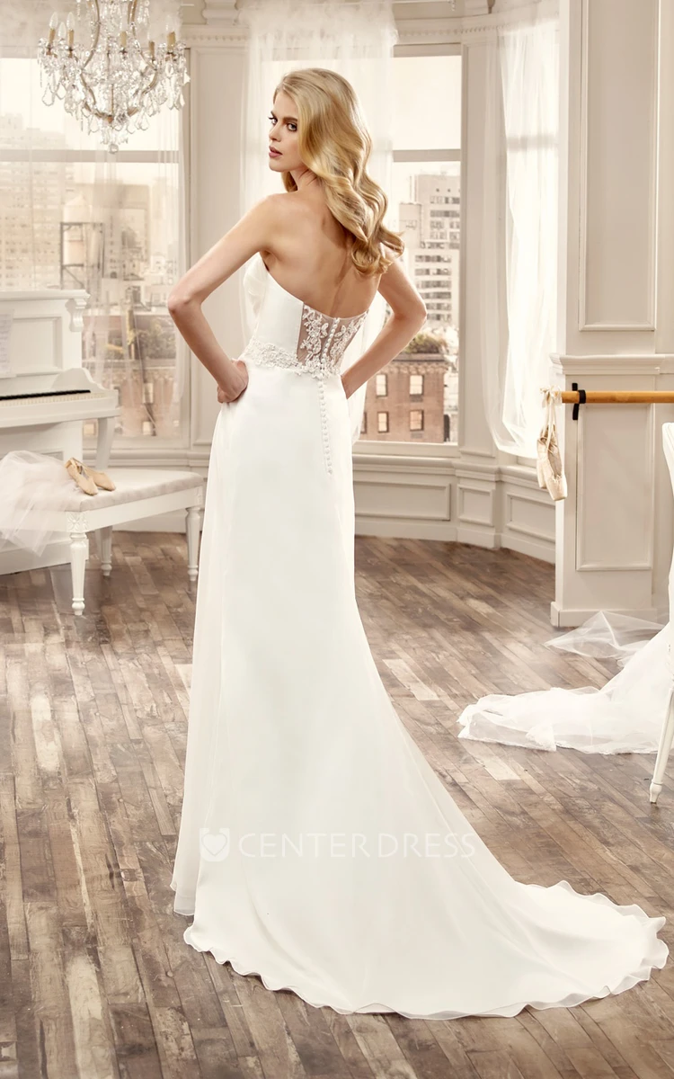 Strapless Long Wedding Dress With Cascading Ruching And Side Floral Waist