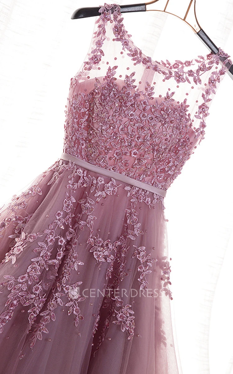 Bateau Sleeveless Ethereal Floor-length Tulle Dress With Floral Appliques And Beading