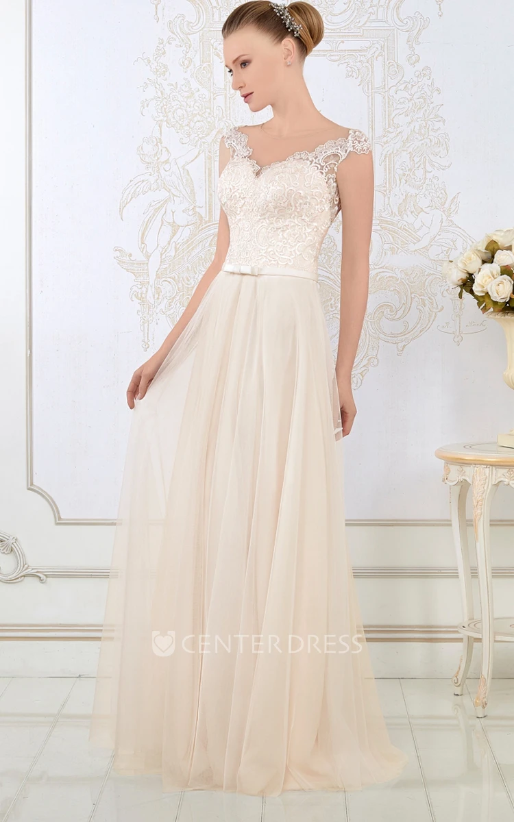 Sheath V-Neck Floor-Length Cap-Sleeve Appliqued Tulle Wedding Dress