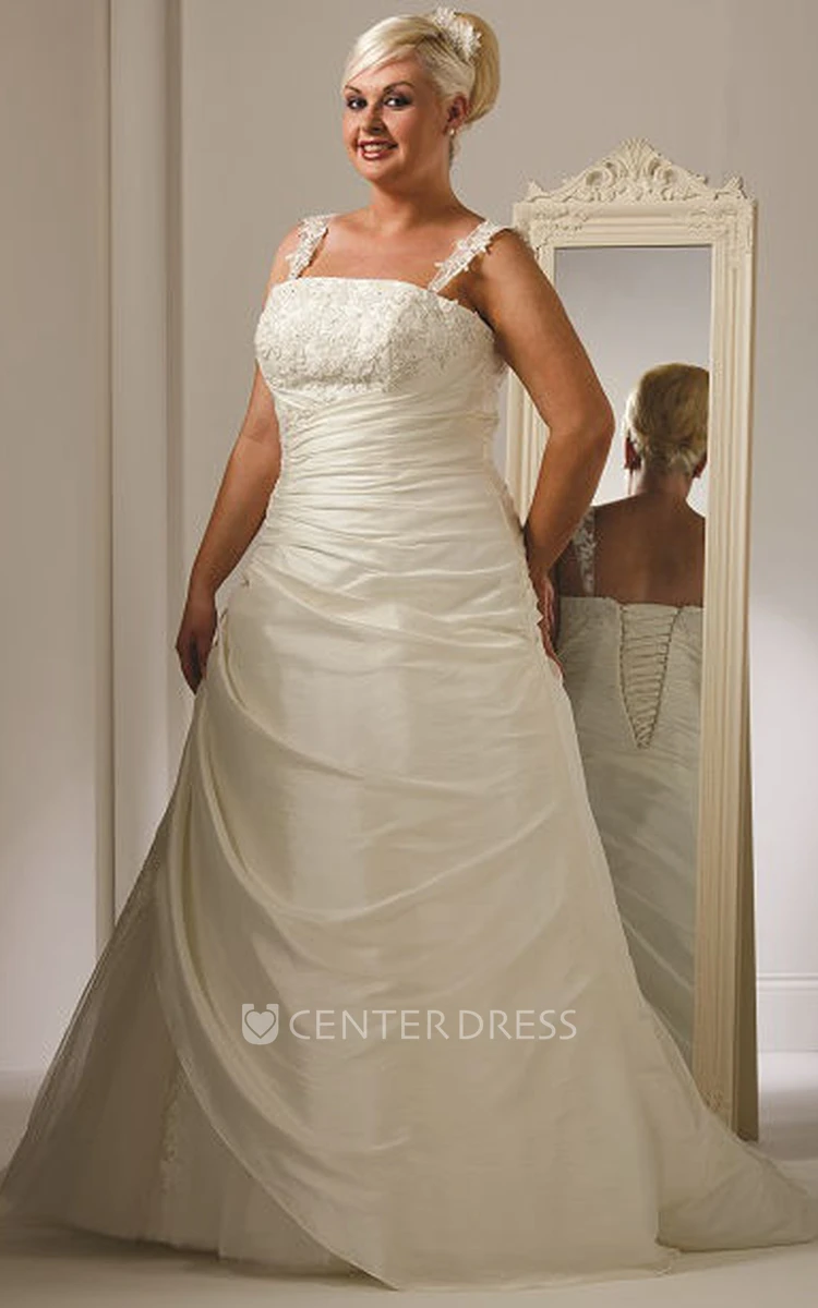 Appliqued Straps And Bodice Side Drape Bridal Gown With Lace Up