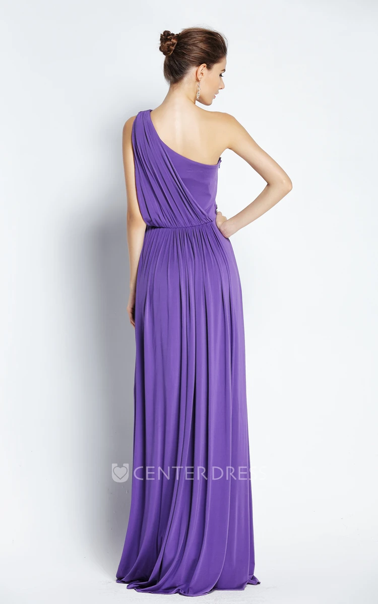 Floor-length Sleeveless A-Line One-shoulder Chiffon Prom Dress with Beading and Pleats