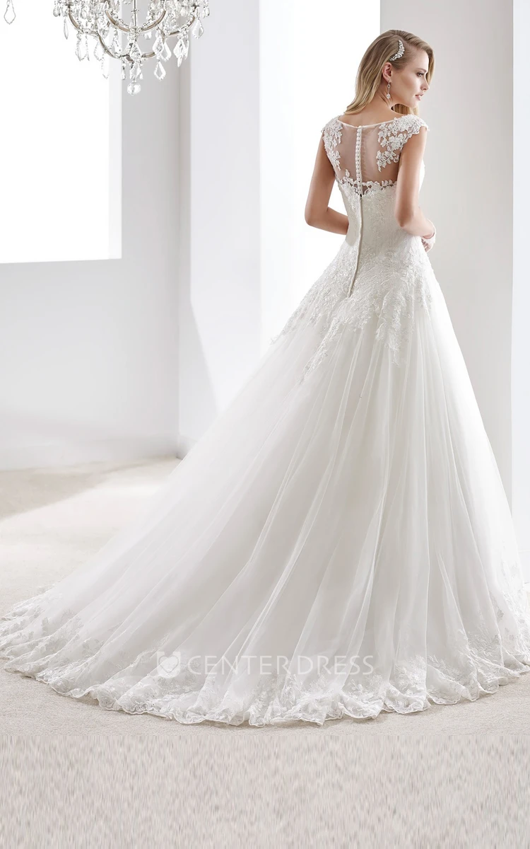Cap sleeve A-line Illusion Wedding Gown with Appliques and Brush Train