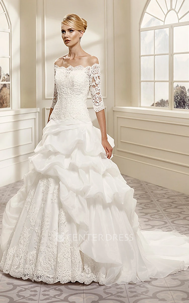A-Line Maxi Pick-Up Half-Sleeve Off-The-Shoulder Organza Wedding Dress With Appliques And Tiers