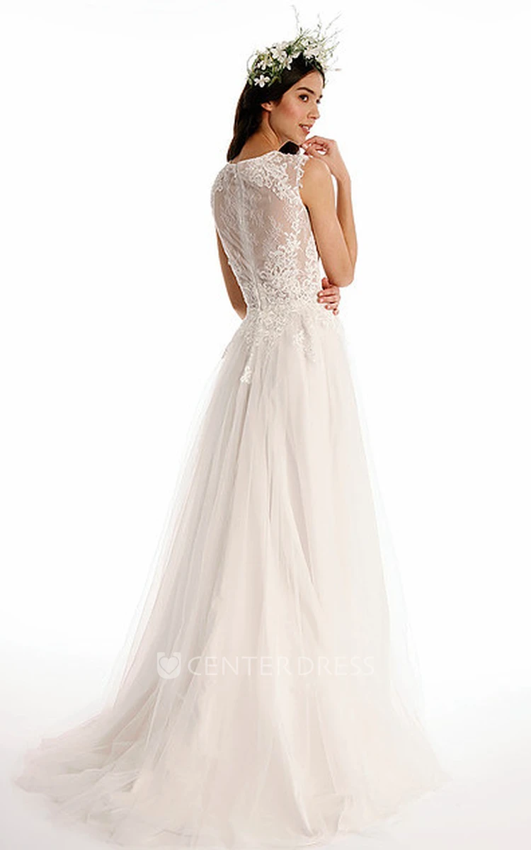 High Neck Long Appliqued Tulle Wedding Dress With Sweep Train And Illusion