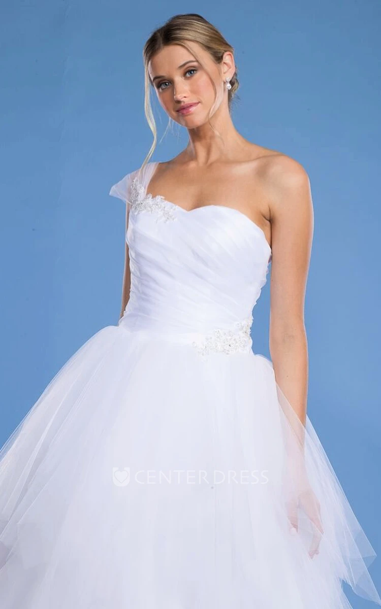 Ball Gown One-Shoulder Long Ruched Sleeveless Tulle Wedding Dress With Ruffles And Beading