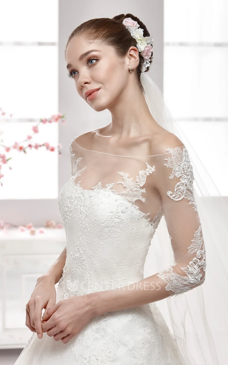 Off-shoulder A-line Lace Wedding Dress with Half Sleeves and Illusive Design