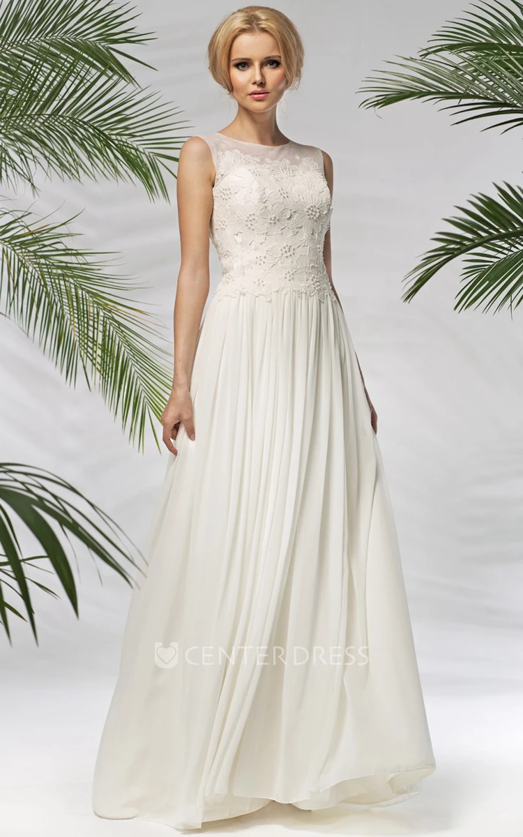 A-Line Sleeveless Scoop-Neck Appliqued Floor-Length Chiffon Wedding Dress With Pleats