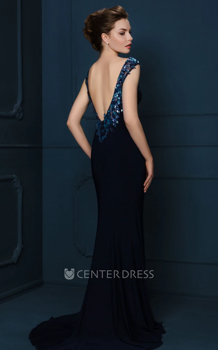 Floor-Length Crystal Sleeveless V-Neck Chiffon Evening Dress