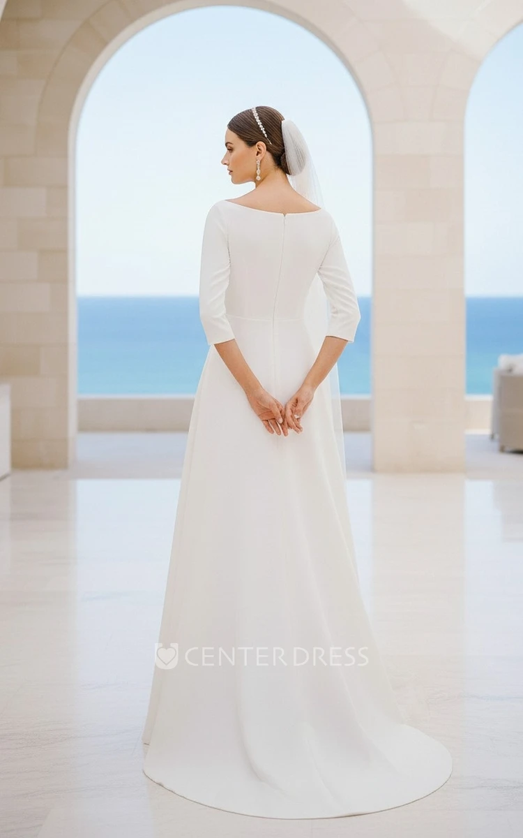 Minimalist A-Line 3/4 Sleeves Boat Neck Bridal Dress Modern Satin Wedding Gown with Sweep Train