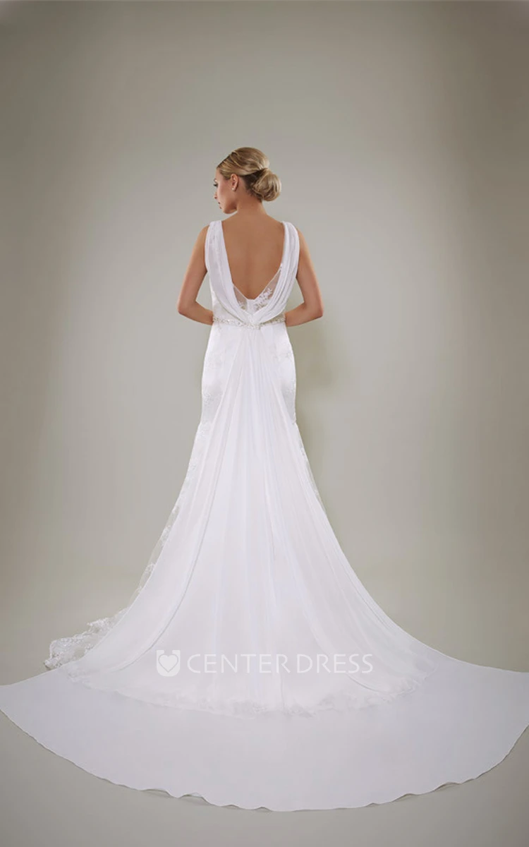 Sheath Scoop Sleeveless Long Appliqued Satin Wedding Dress With Low-V Back And Waist Jewellery