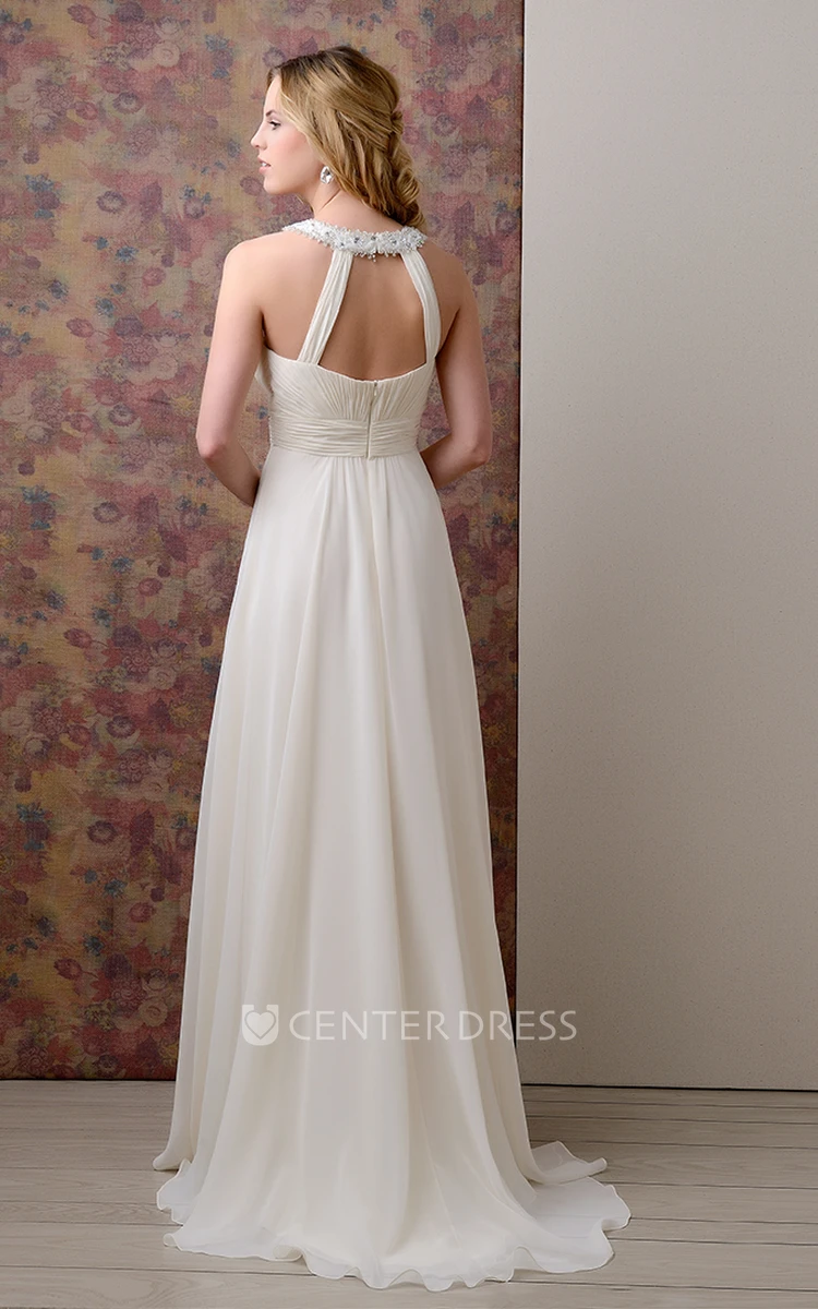 Sleeveless Pleated Long Chiffon Gown Featuring Jeweled Neck
