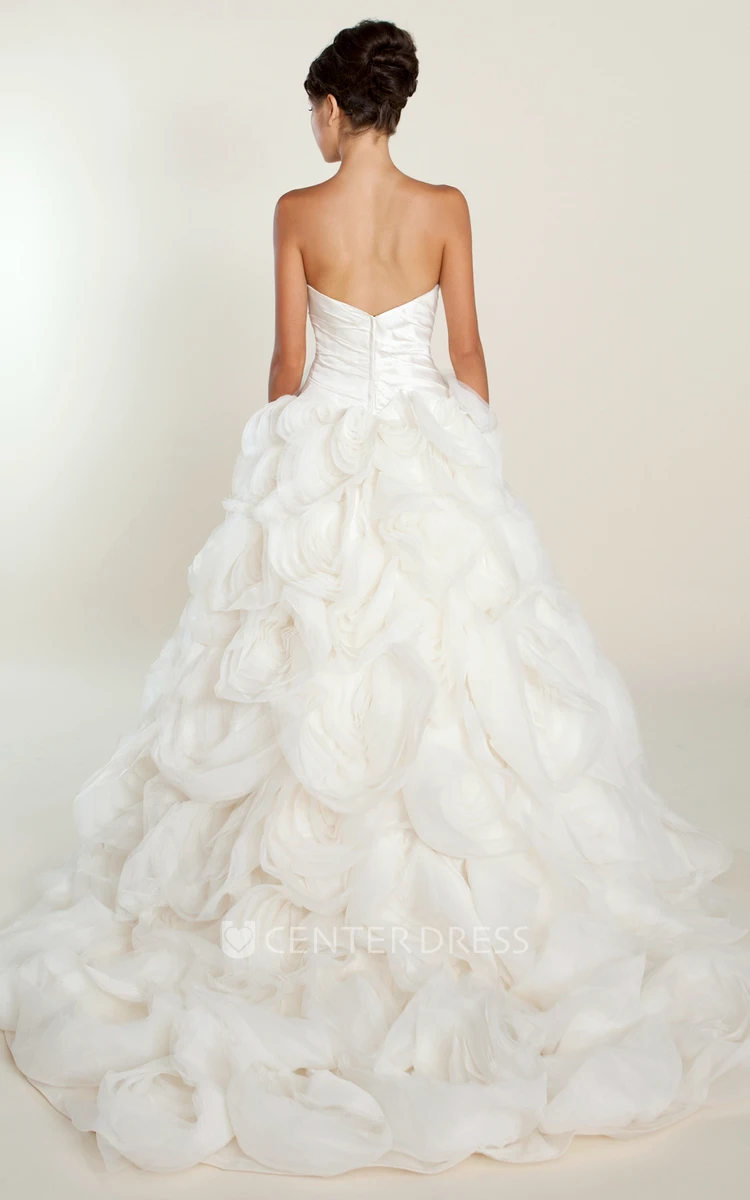A-Line Strapless Ruffled Tulle Wedding Dress With Flower And Court Train