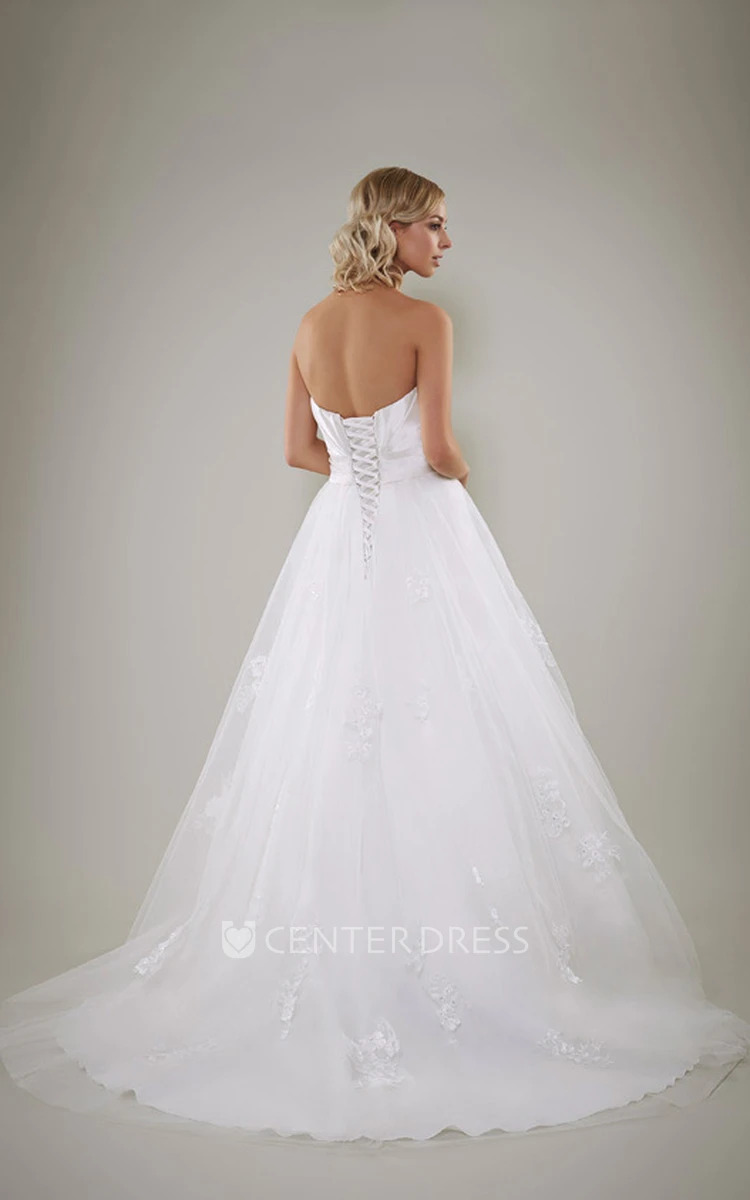 A-Line Ball-Gown Floor-Length Beaded Sleeveless Strapless Satin Wedding Dress With Lace-Up Back And Appliques