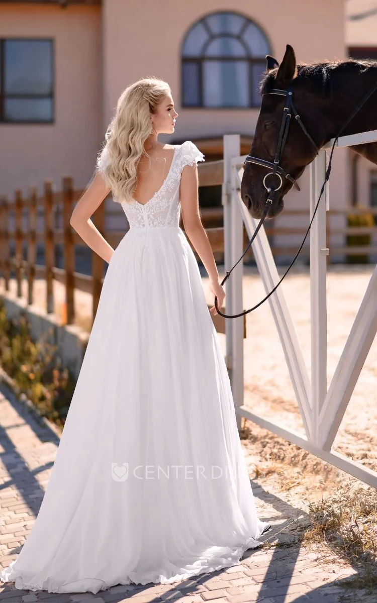 Casual Off-the-shoulder Sheath Chiffon Sweep Train Wedding Dress