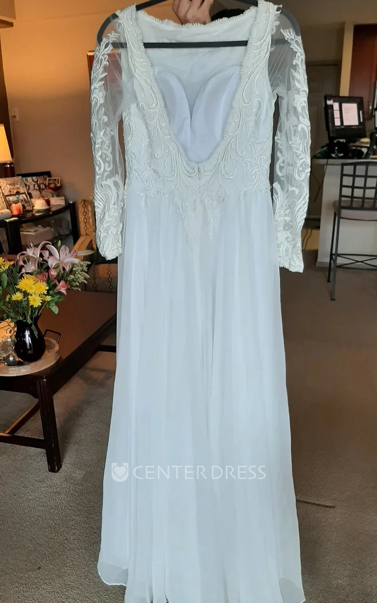 Vintage 1920s Long Sleeve Wedding Dress Chiffon Sheath Floor-length with Lace Deep-V Back