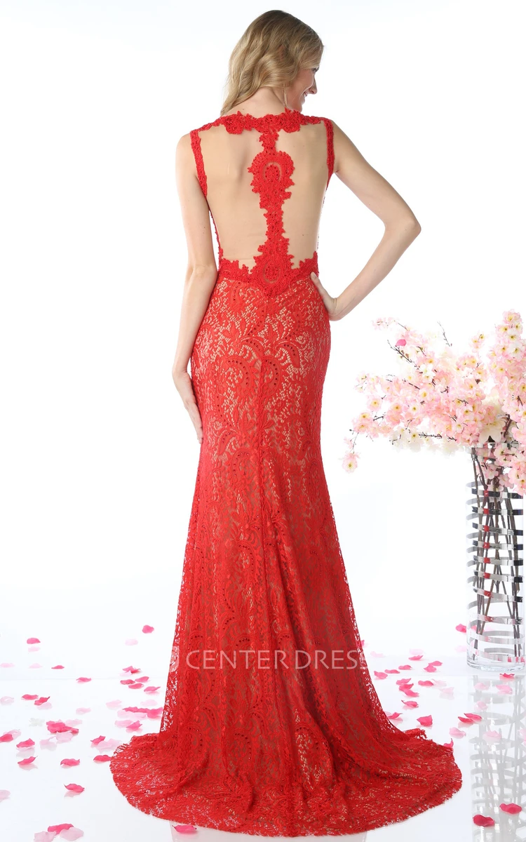Sheath Scoop-Neck Sleeveless Lace Illusion Dress With Appliques And Split Front