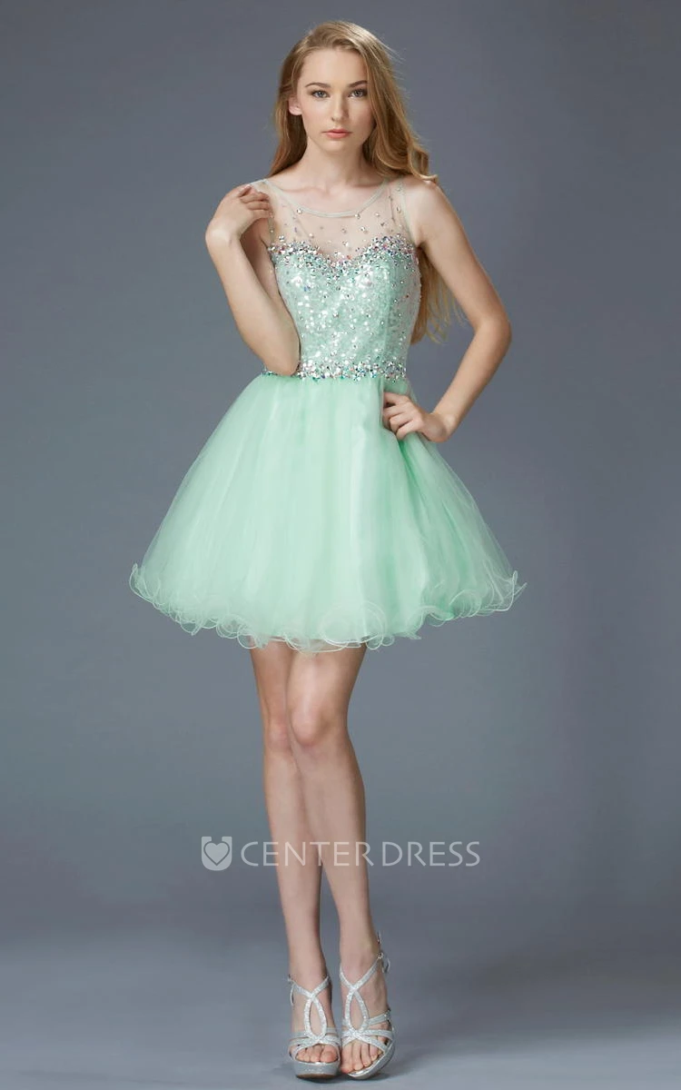 A-Line Short Scoop-Neck Sleeveless Tulle Illusion Dress With Sequins