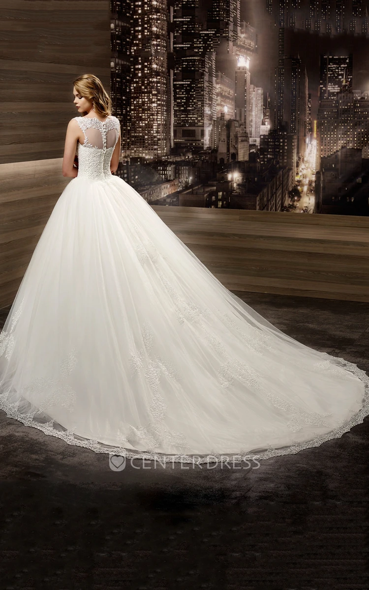 Illusion Cap sleeve Beaded A-line Wedding Gown with Jewel Neck and Court Train 