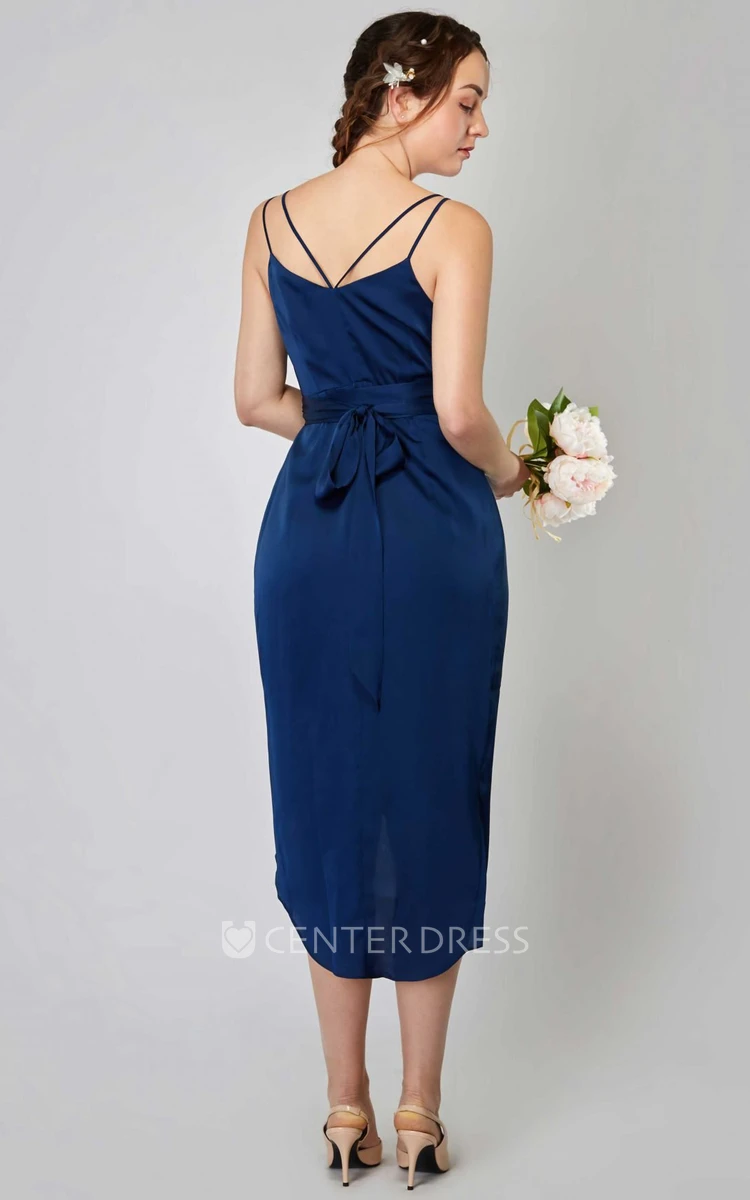 Simple Casual Spaghetti Straps Sheath Charmeuse Bridesmaid Dress With Straps And Split Front