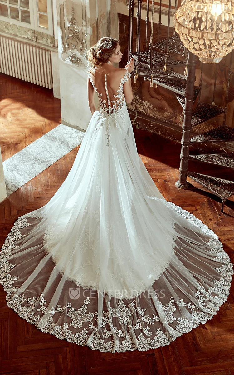 Strap-Neck Lace Wedding Dress With Illusive Back and Lace Appliques