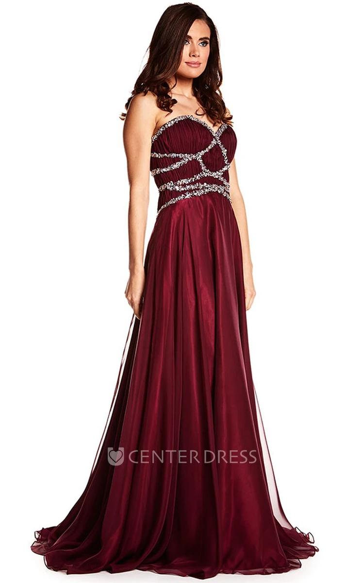 A-Line Sleeveless Sweetheart Floor-Length Beaded Chiffon Prom Dress With Straps And Pleats