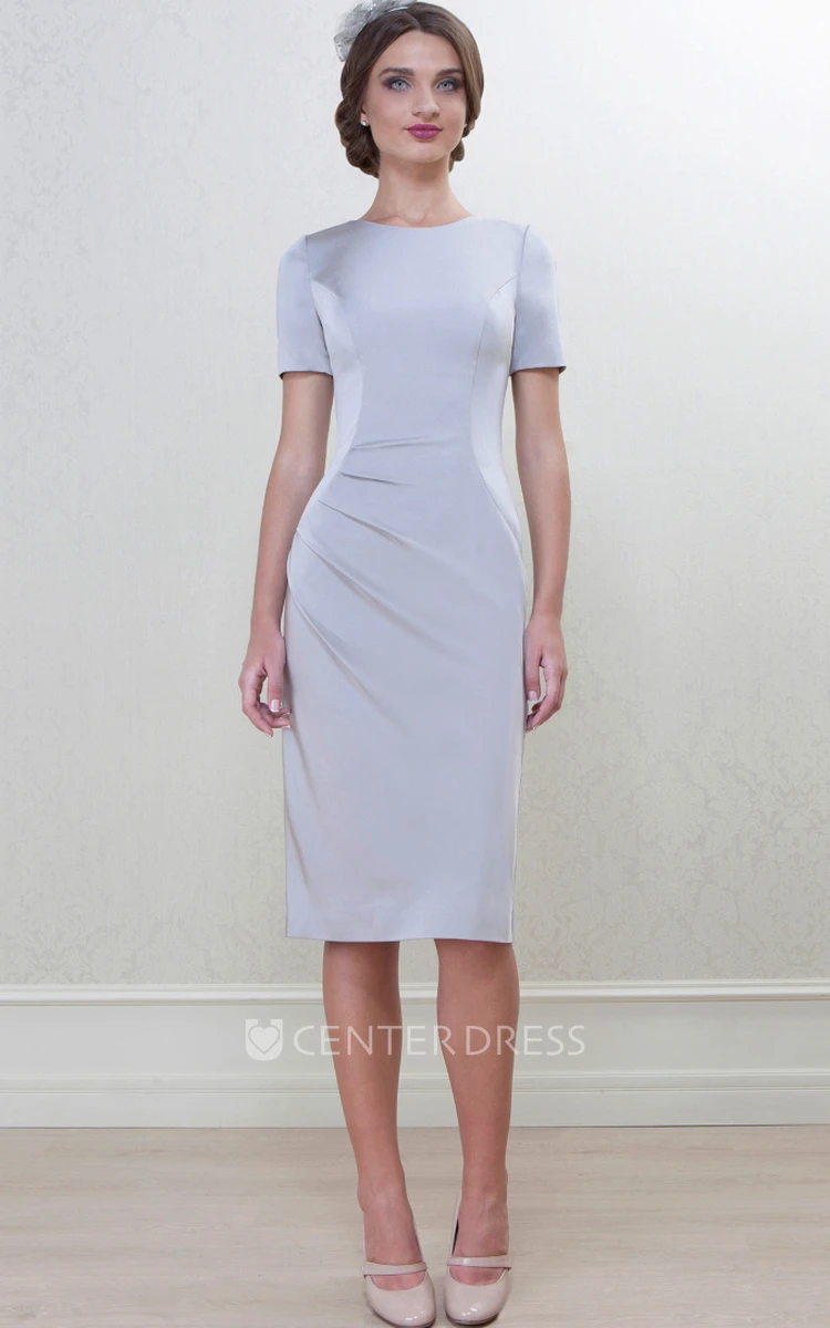 Pencil Knee-Length High Neck Caped 3-4 Sleeve Satin Mother Of The Bride Dress