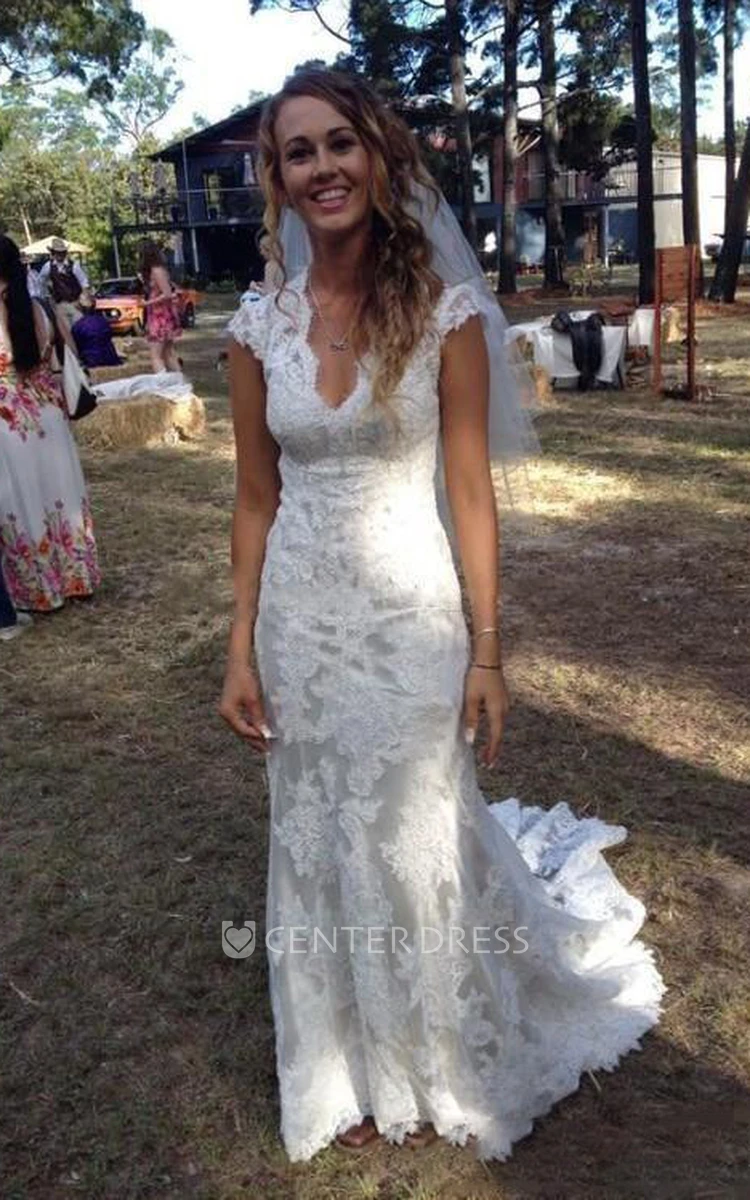 Country Sheath V-Neck Cap Sleeve Court Train Lace Wedding Dress