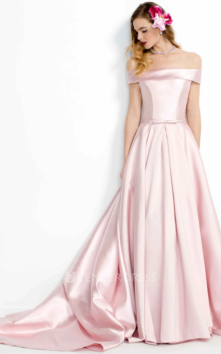 A-Line Floor-Length Off-The-Shoulder Satin Prom Dress