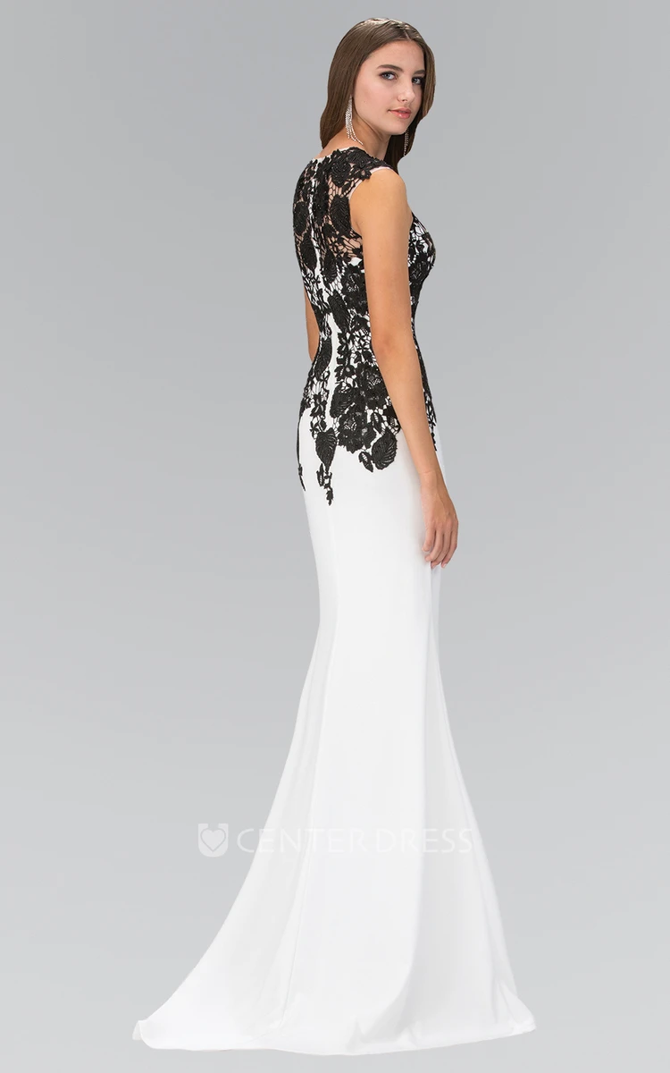 Sheath Long Queen Anne Jersey Illusion Dress With Appliques