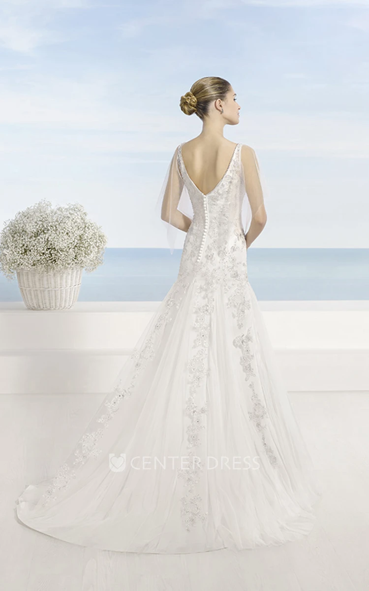A-Line Beaded V-Neck Floor-Length Tulle Wedding Dress With Cape And Low-V Back