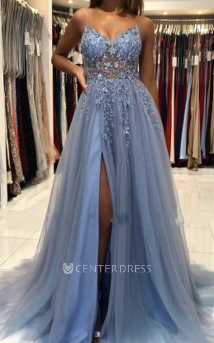 Lace Tulle Beach Prom Dress Sexy Romantic Appliques Sleeveless A-Line