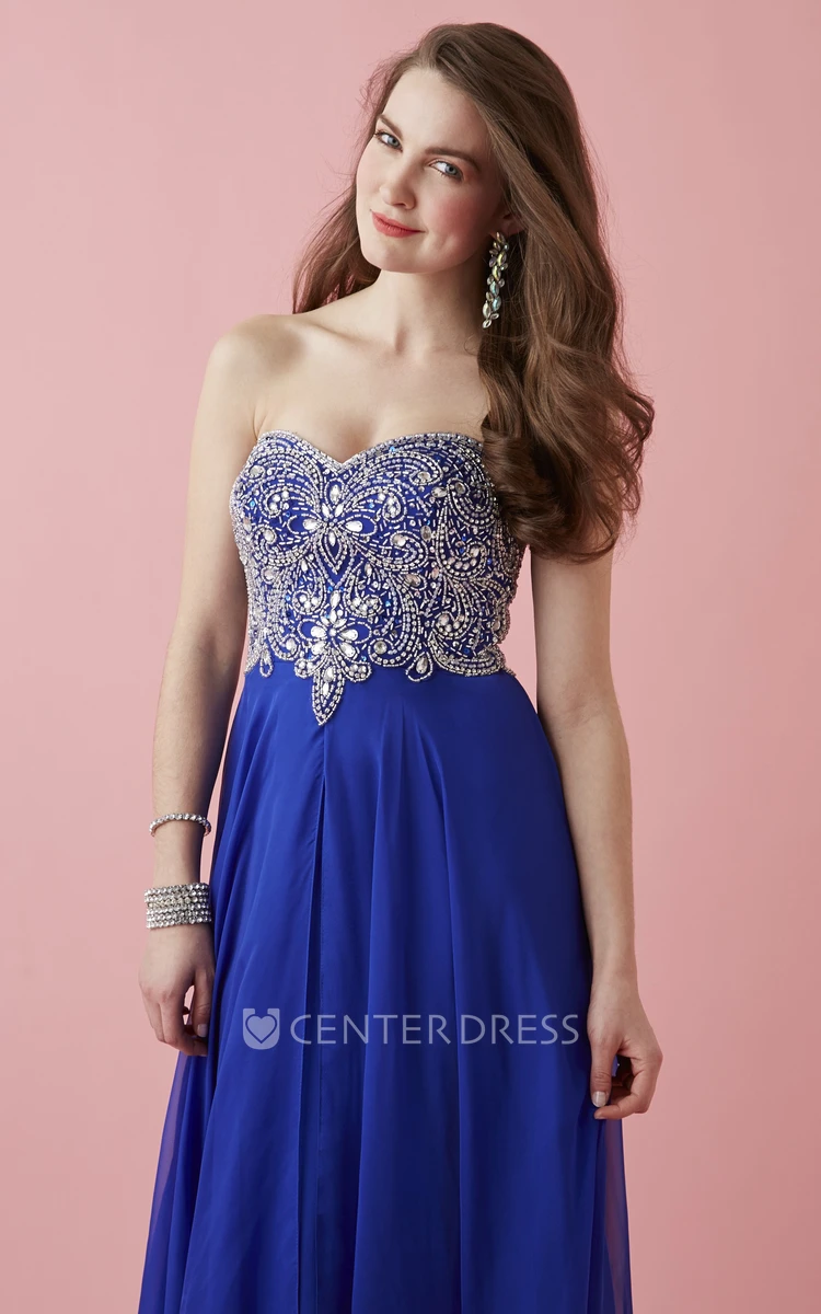 A-Line Long Sweetheart Sleeveless Jersey Backless Dress With Split Front And Beading