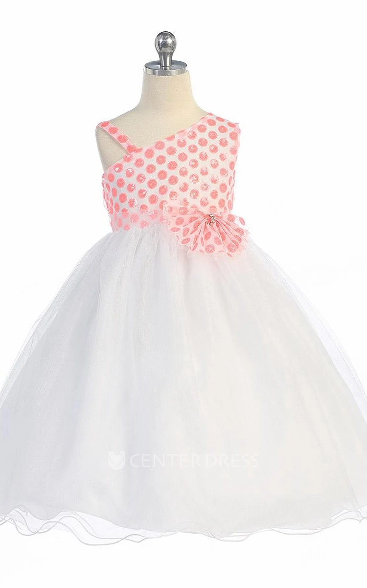 Tea-Length One-Shoulder Bowed Tulle&Sequins Flower Girl Dress With Tiers