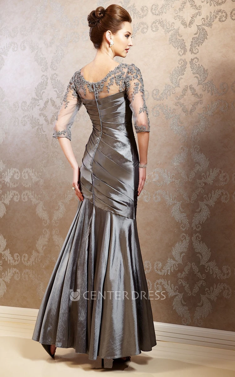 3-4 Sleeved V-Neck Taffeta Gown With Appliques And Pleats