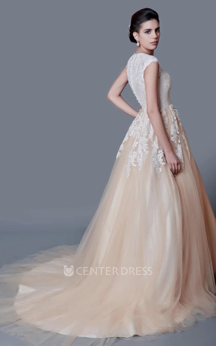 Modest A-line V Neck Long Lace Wedding Dress with Cap Sleeves