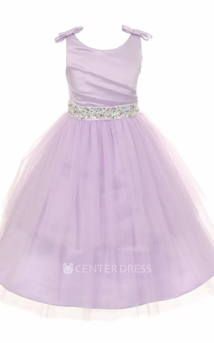 Jewel Short Pleated Tiered Tulle&Satin Flower Girl Dress With Sash