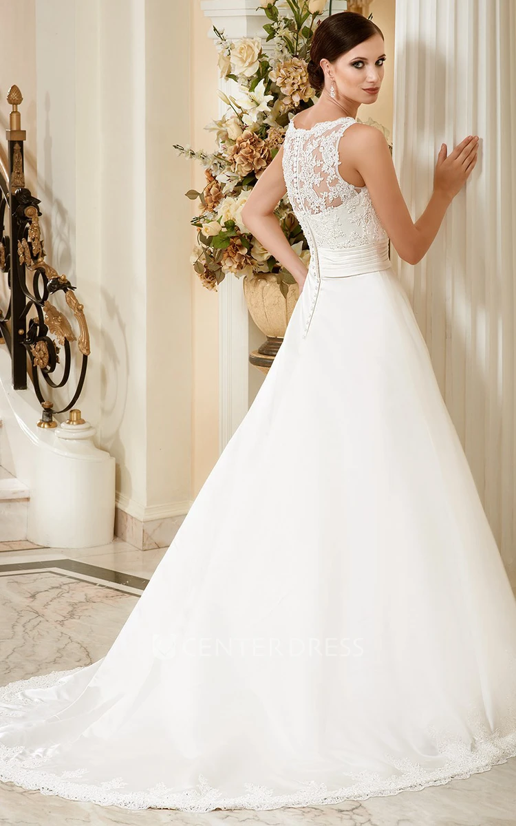 A-Line Sleeveless Floor-Length Appliqued Bateau-Neck Satin Wedding Dress With Flower