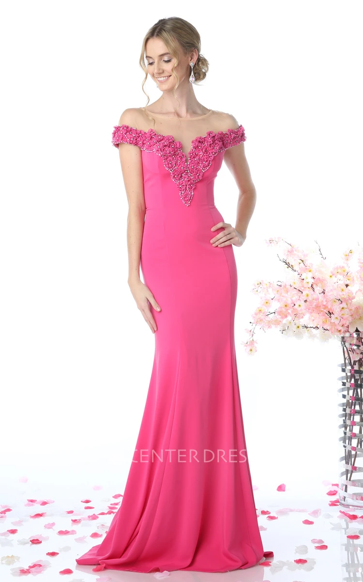 Sheath Floor-Length Off-The-Shoulder Jersey Illusion Dress With Flower