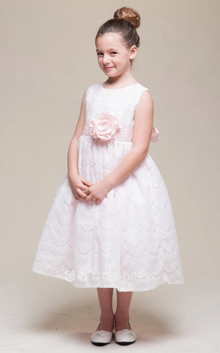 Tea-Length Floral Beaded Lace Flower Girl Dress With Ribbon